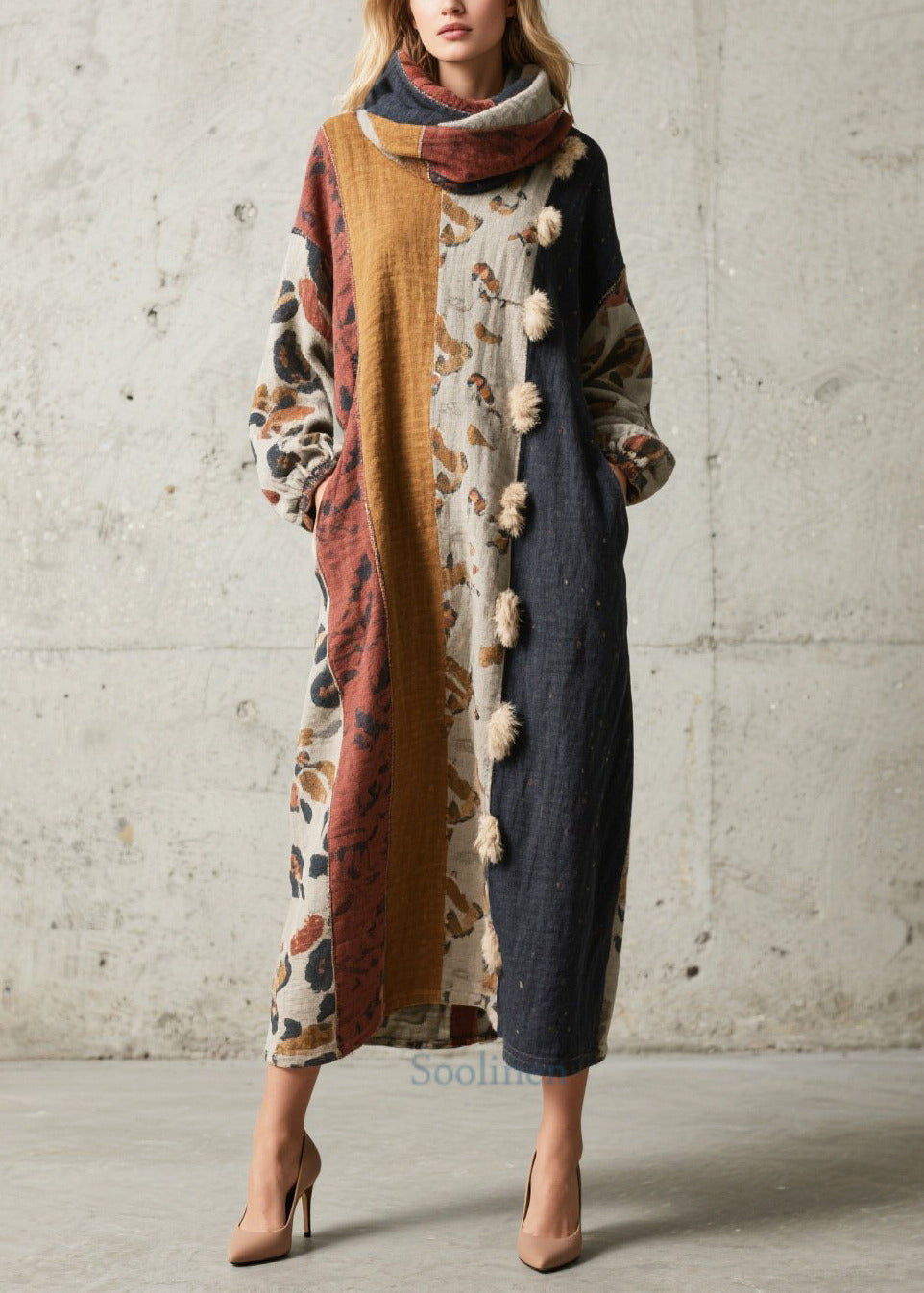 Women's Oversized Maxi Dress Patchwork PomPom Autumn - OutfitLondon