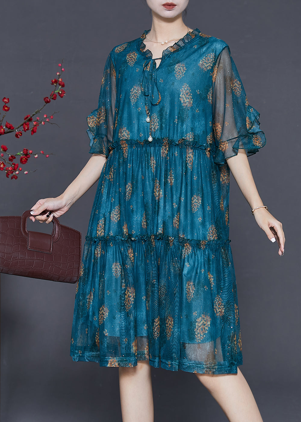 Women's Blue Tulle Dress Breathable Ruffles - OutfitLondon