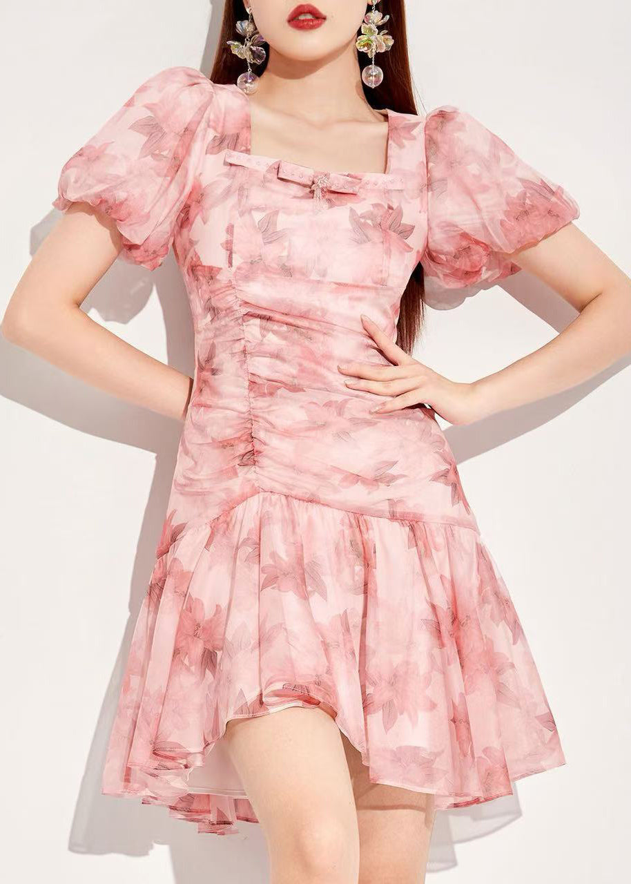Women's Silk Chiffon Asymmetrical Pink Dress Square Neck Puff Sleeves - OutfitLondon