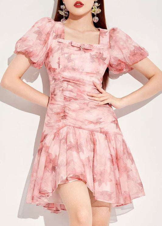 Women's Silk Chiffon Asymmetrical Pink Dress Square Neck Puff Sleeves - OutfitLondon