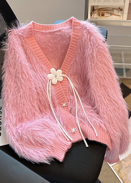 Women's Pink Mink Fur Cardigan V-Neck With Pom-Poms - OutfitLondon