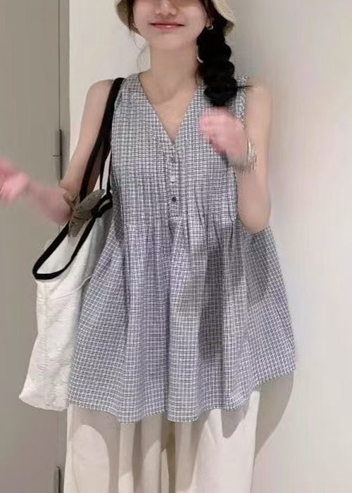 Women's Crinkled Cotton Blouse V Neck Sleeveless Relaxed Fit - OutfitLondon