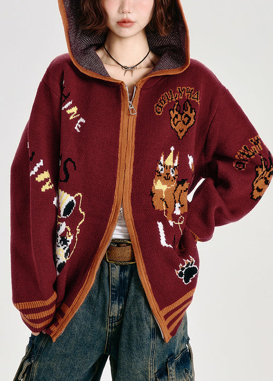 Women's Oversized Red Jacquard Knit Hoodie Soft - OutfitLondon