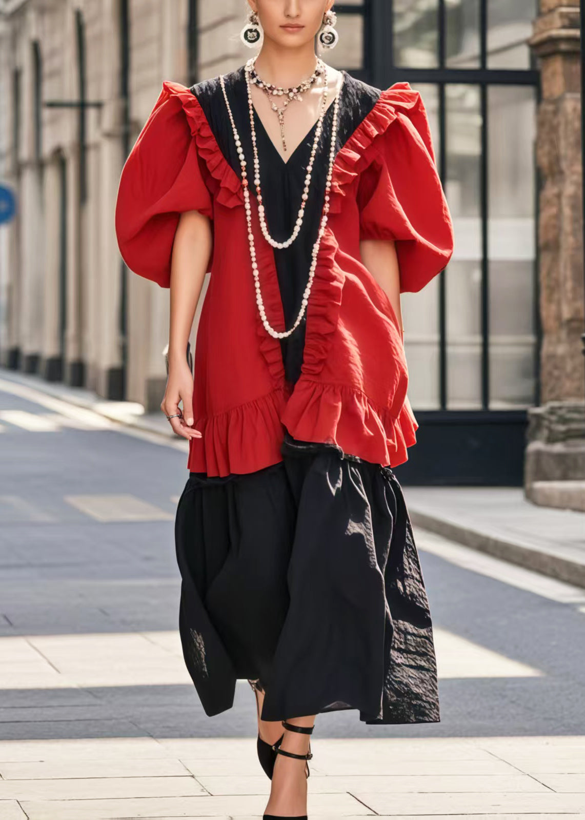 Women's Patchwork Cotton Dress Red Ruffles Puff Sleeves - OutfitLondon