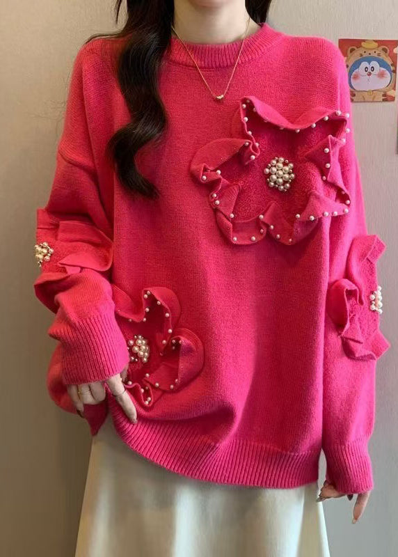 Women's Floral Knit Sweater Pearl Round Neck - OutfitLondon