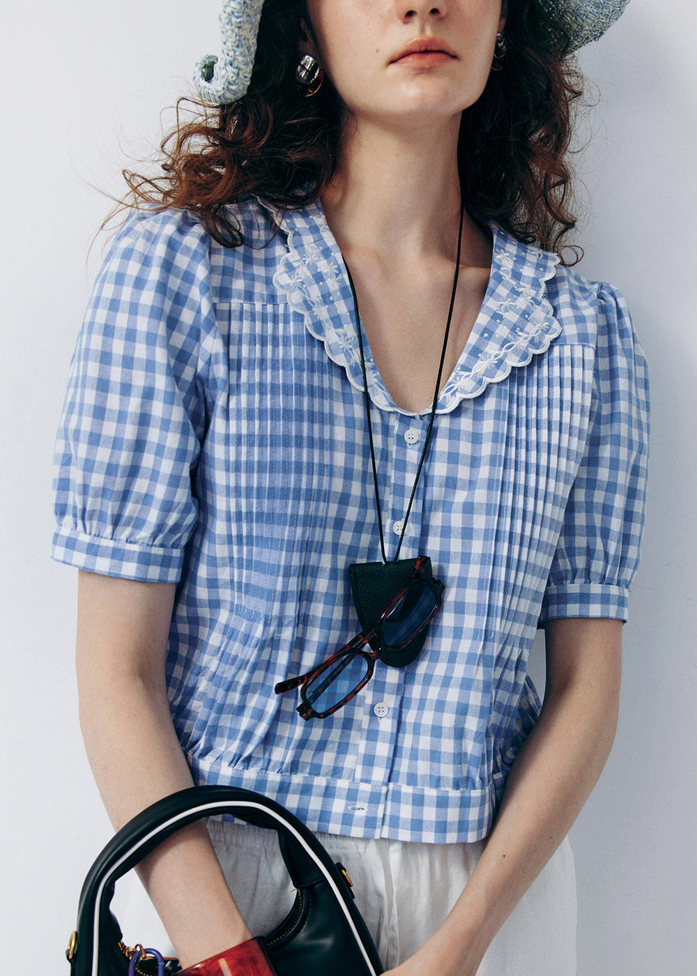 Women's Light Blue Cotton Blouse Voluminous Puff Sleeves - OutfitLondon