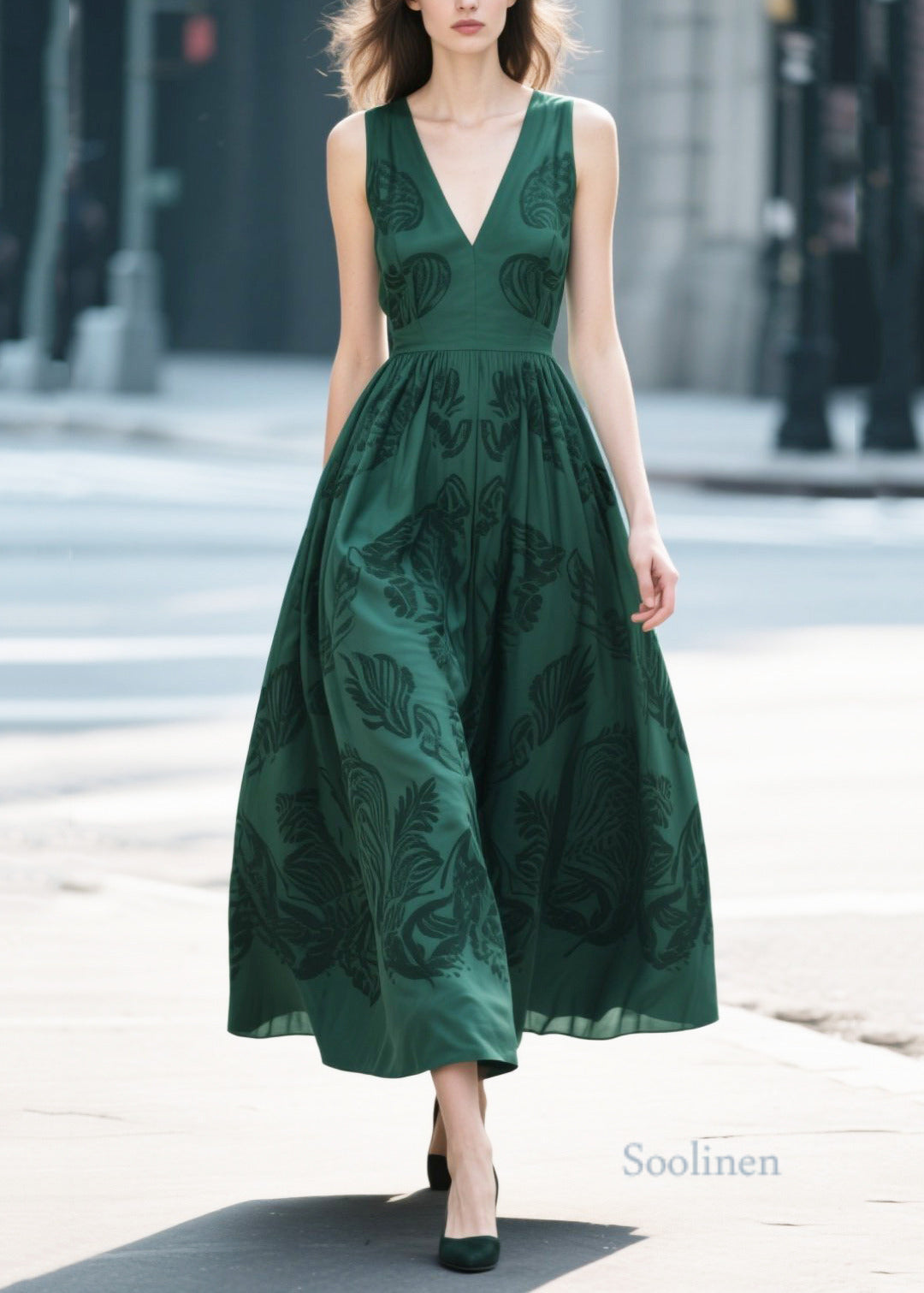 Women's Cotton Midi Dress Sleeveless Green Print - OutfitLondon