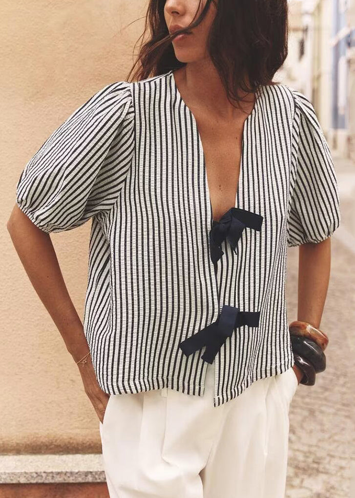 Women's Cotton Striped V Neck Shirt Lightweight Breathable - OutfitLondon