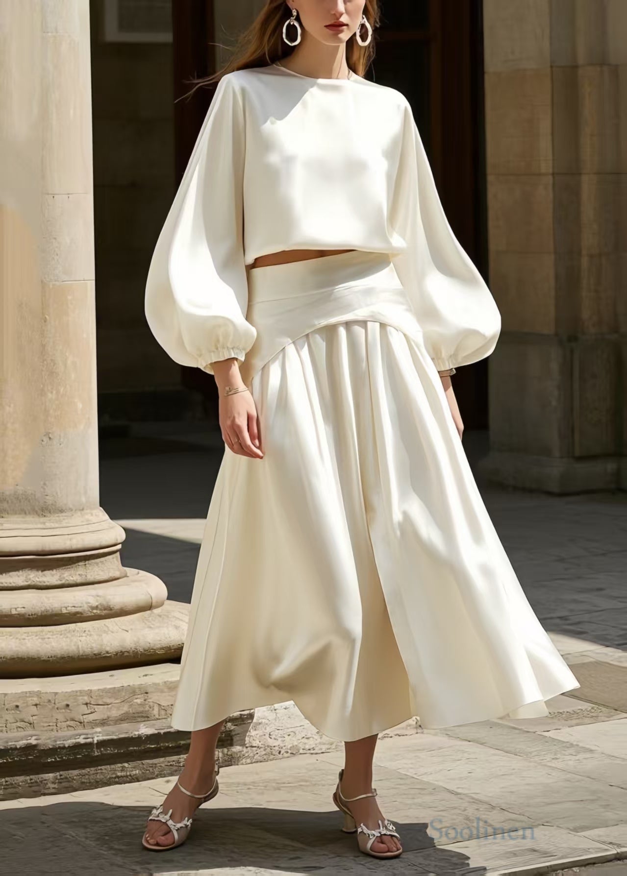 Women's Silk Two Piece Set Lantern Sleeves Large Hem - OutfitLondon