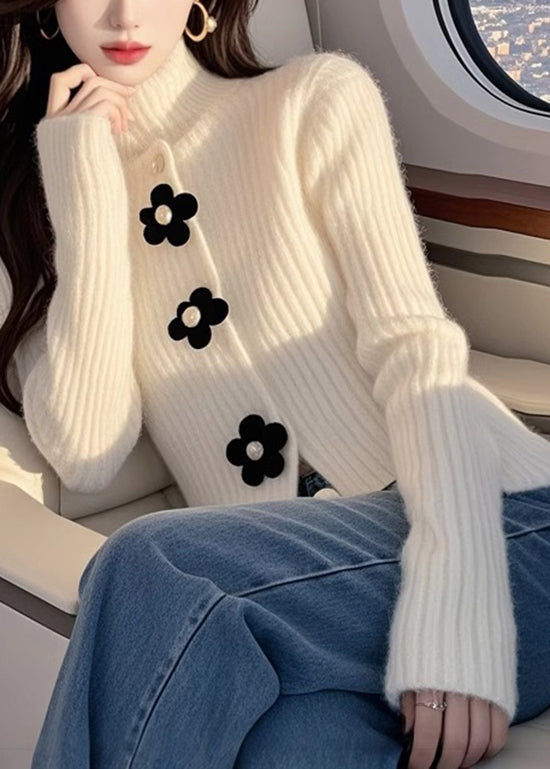 Women's White Floral Sweater High Neck Relaxed Fit - OutfitLondon