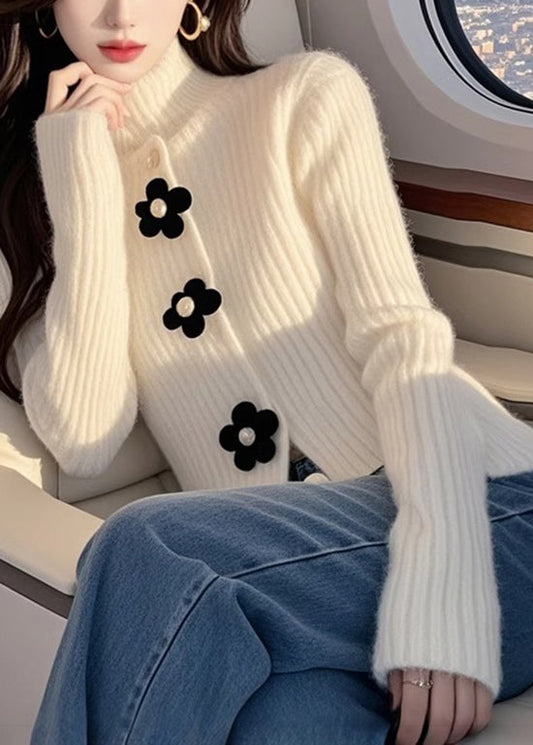 Women's White Floral Sweater High Neck Relaxed Fit - OutfitLondon