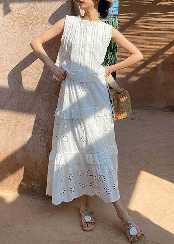 Women's Cotton Two Piece Set Sleeveless Blouse and Skirt White - OutfitLondon