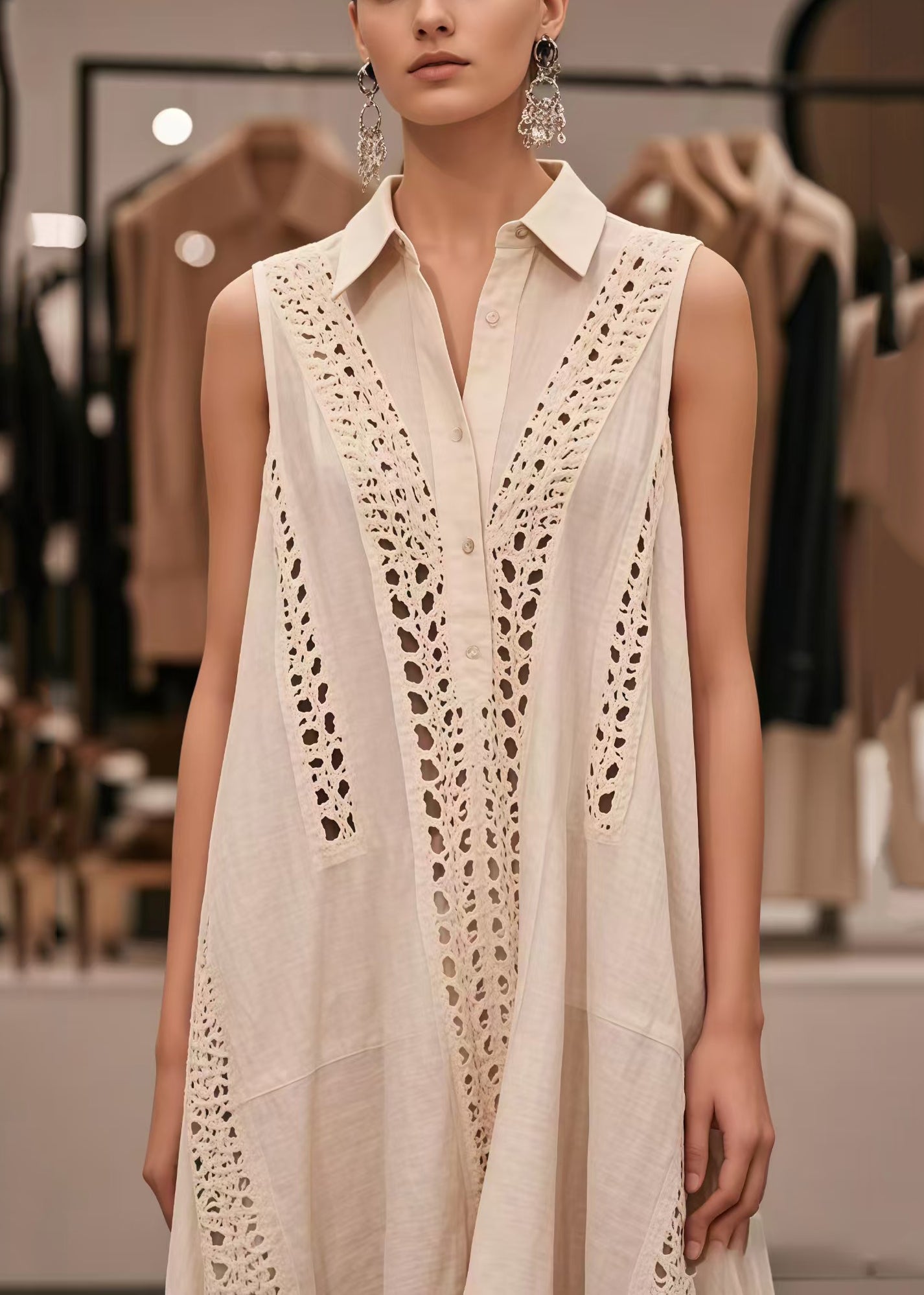Women's Oversized Cotton Dress White Breathable Crochet - OutfitLondon