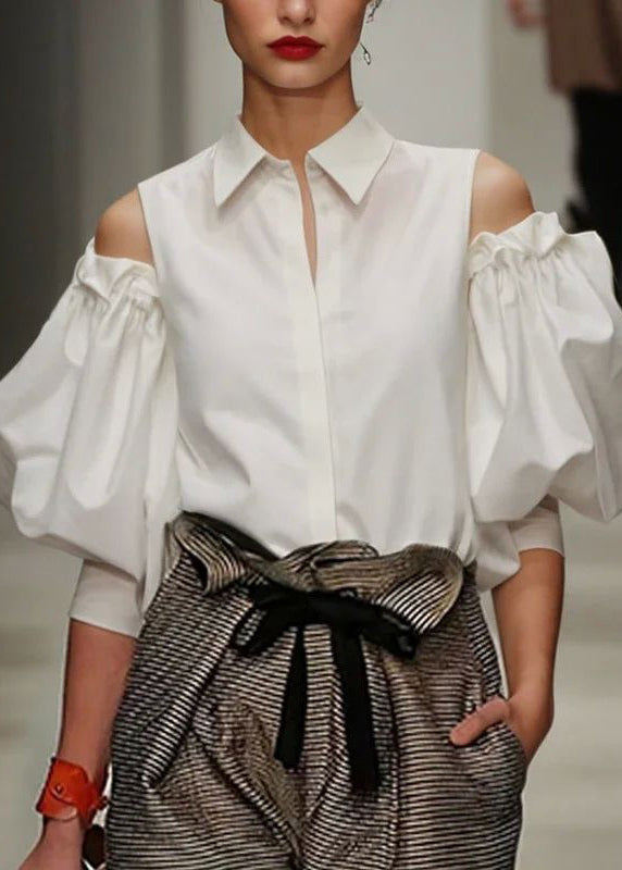 Women's Off Shoulder Shirt Cotton Blend White Relaxed Fit - OutfitLondon