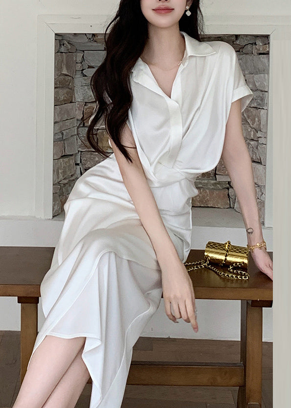 Women's White Maxi Dress Silk Blend V Neck Side Slit - OutfitLondon