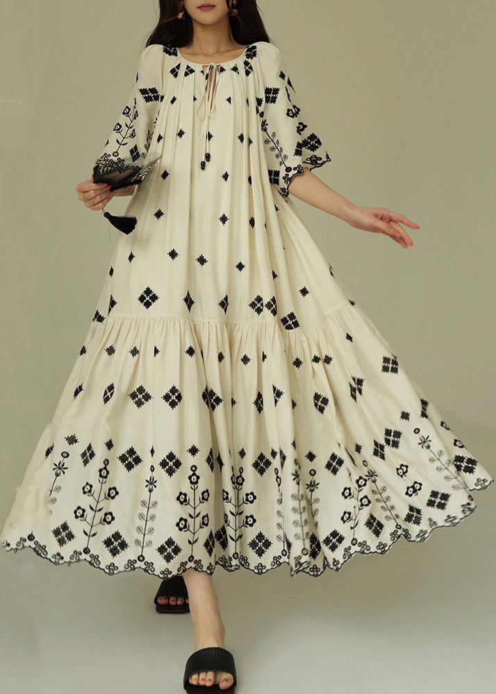 Women's Long Cotton Summer Dress White Print Relaxed Fit - OutfitLondon