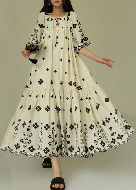 Women's Long Cotton Summer Dress White Print Relaxed Fit - OutfitLondon
