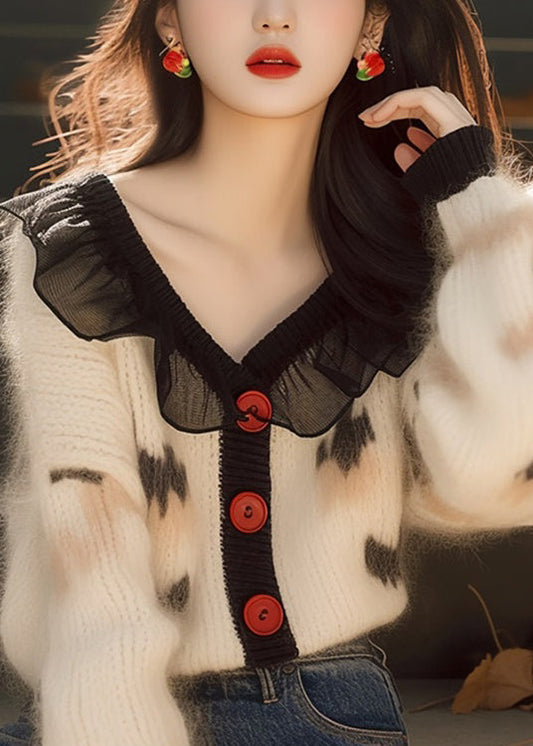 Women's Knitted Cardigan White Ruffle Print - OutfitLondon