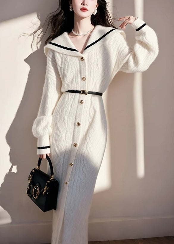 Women's White Knit Dress French Sailor Collar Autumn - OutfitLondon