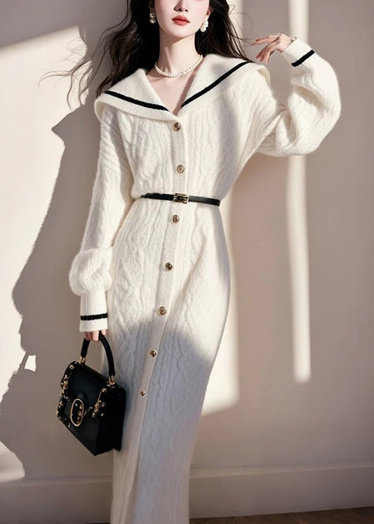 Women's White Knit Dress French Sailor Collar Autumn - OutfitLondon