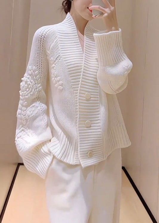 Women's Lightweight V Neck Cardigan Soft White Knit - OutfitLondon