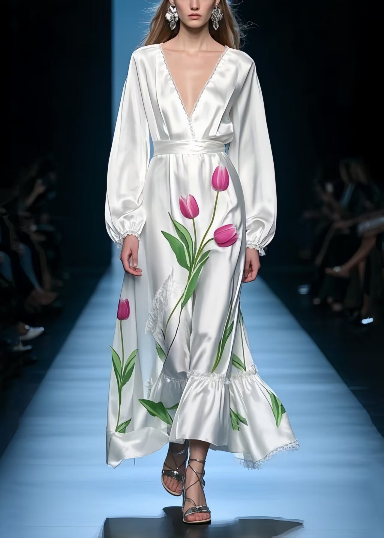 Women's White Floral Silk Vacation Dress V Neck - OutfitLondon