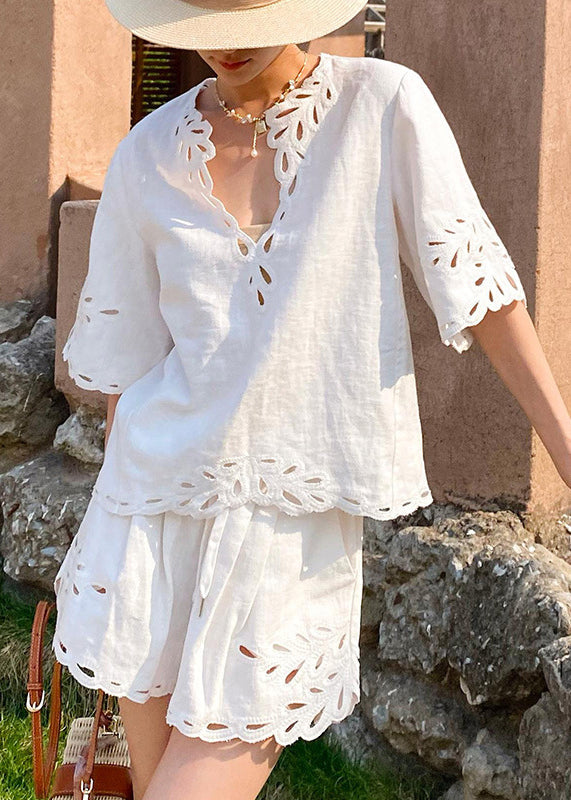 Women's White Linen Two-Piece Summer Set V-Neck Mid-Sleeve Shorts - OutfitLondon
