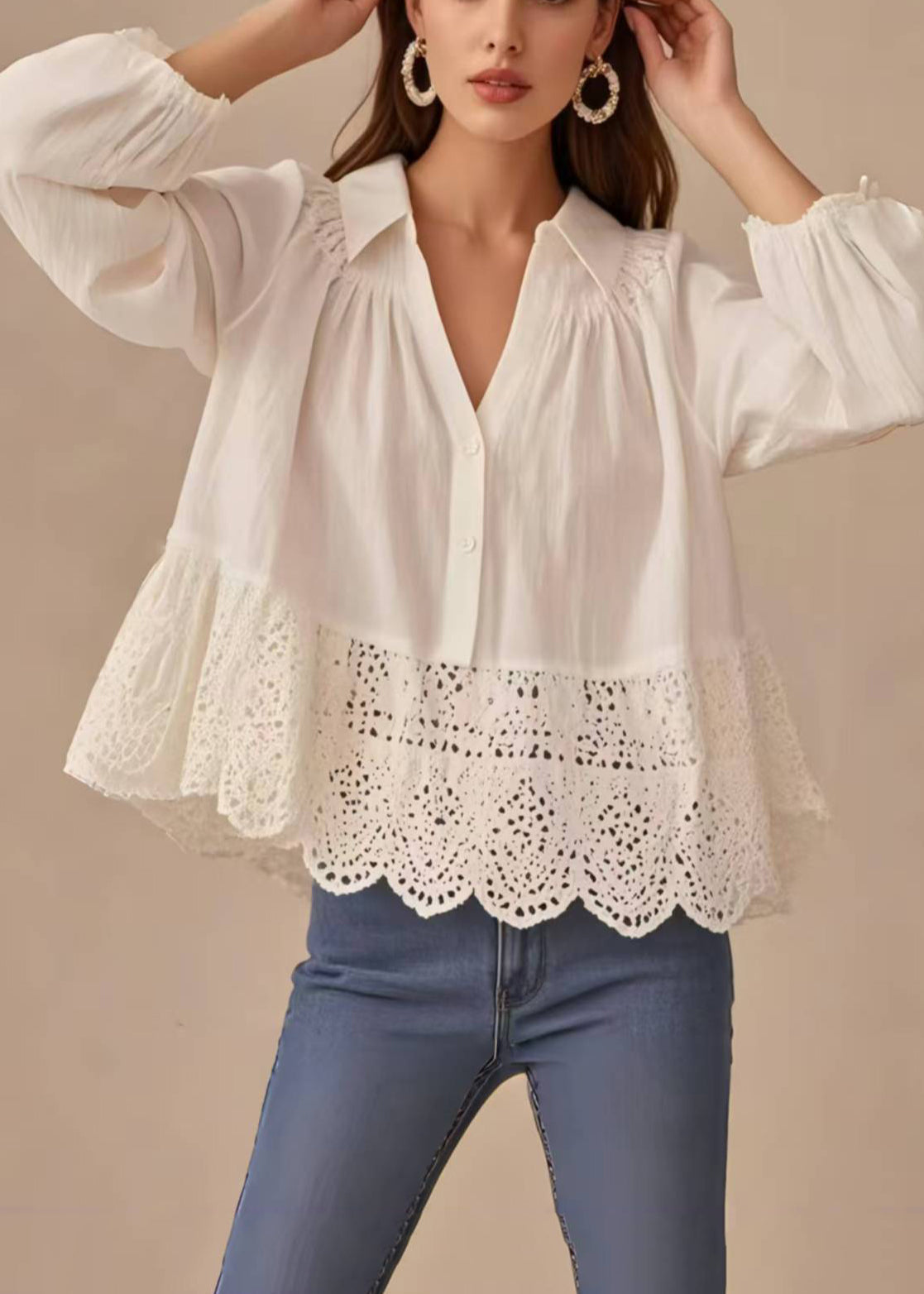 Women's V Neck Cotton Blend Shirt Breathable White - OutfitLondon
