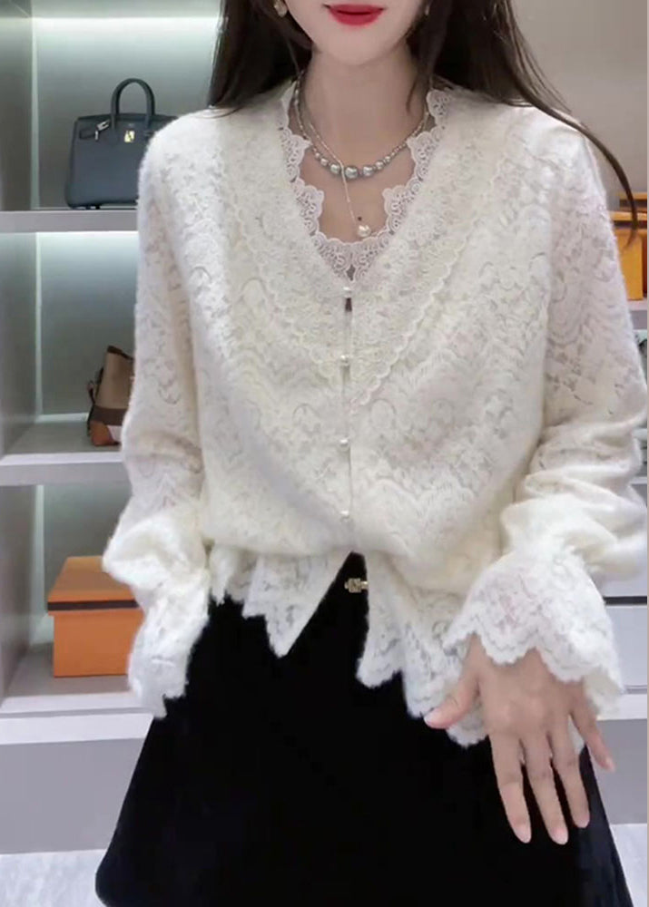Women's V Neck Lace Breathable White - OutfitLondon