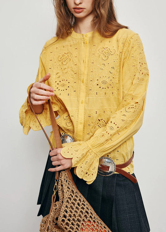 Women's Cotton Blouse Embroidered Puff Sleeves Yellow - OutfitLondon