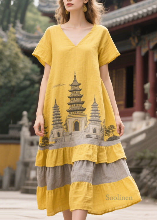 Women's Linen Summer Dress Oversized Yellow - OutfitLondon