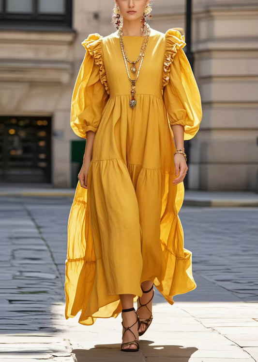 Women's Yellow Cotton Vacation Dress With Ruffles Bracelet Sleeves - OutfitLondon