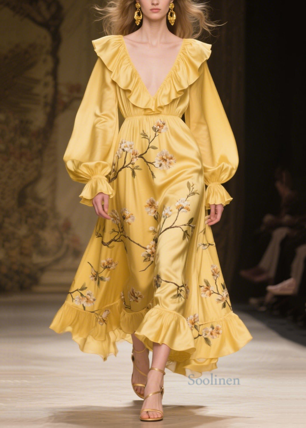 Women's Silk Evening Dress Botanical Print Yellow - OutfitLondon