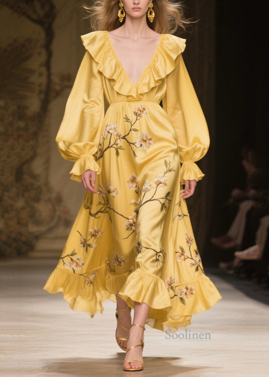 Women's Silk Evening Dress Botanical Print Yellow - OutfitLondon