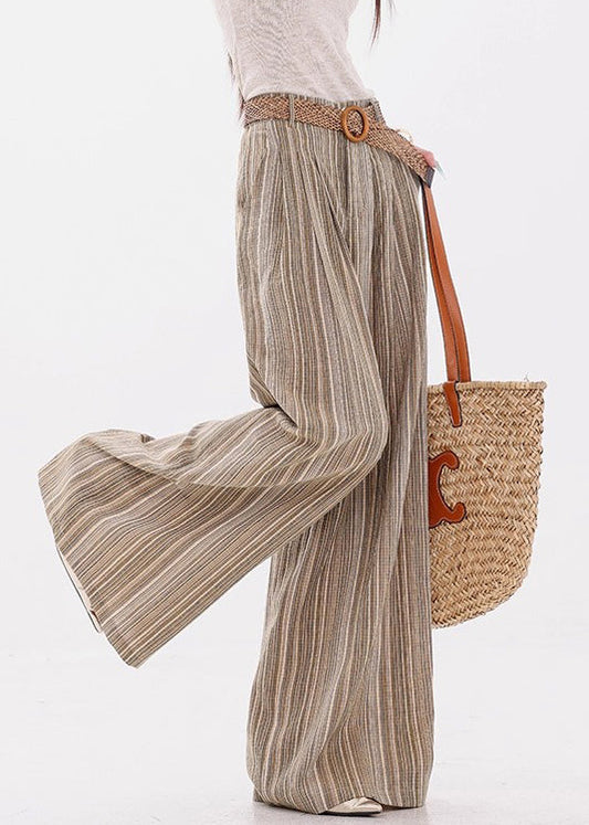 Women's Cotton Wide Leg Pants Elastic Waist Yellow Striped - OutfitLondon