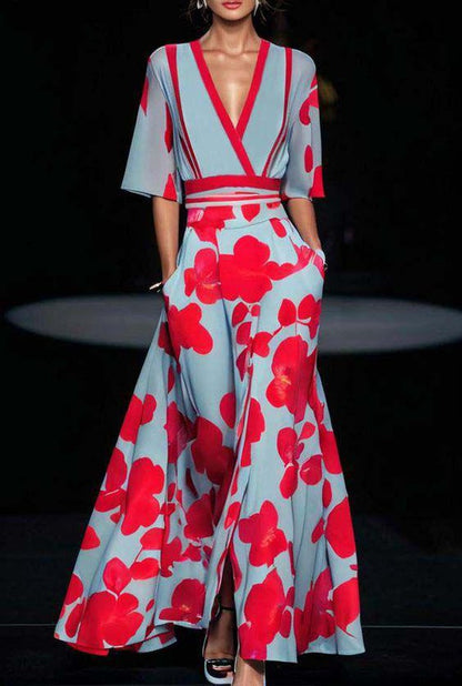 Elegant Floral Maxi Dress for Women with Low V Neck - OutfitLondon
