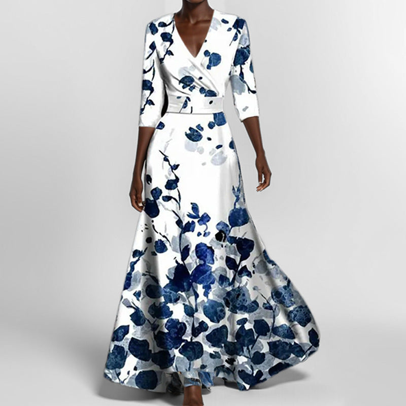 Elegant Floral Maxi Dress for Women with Low V Neck