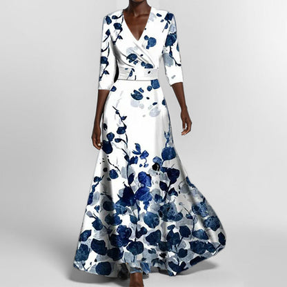 Elegant Floral Maxi Dress for Women with Low V Neck