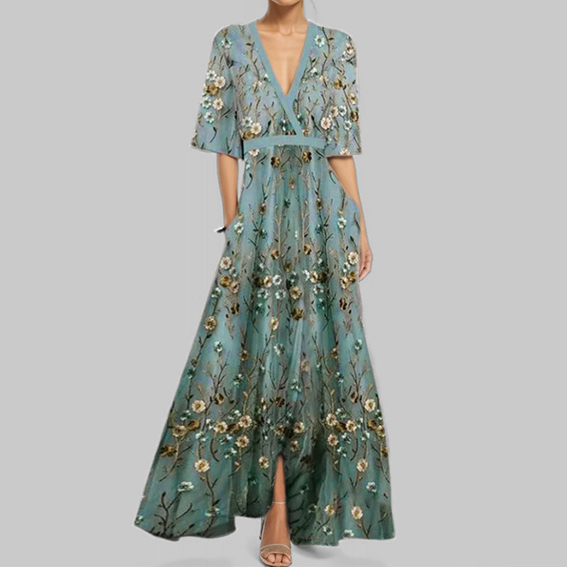 Elegant Floral Maxi Dress for Women with Low V Neck