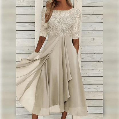 Fritha Dress | Embroidered Midi Dress with Sheer Sleeves