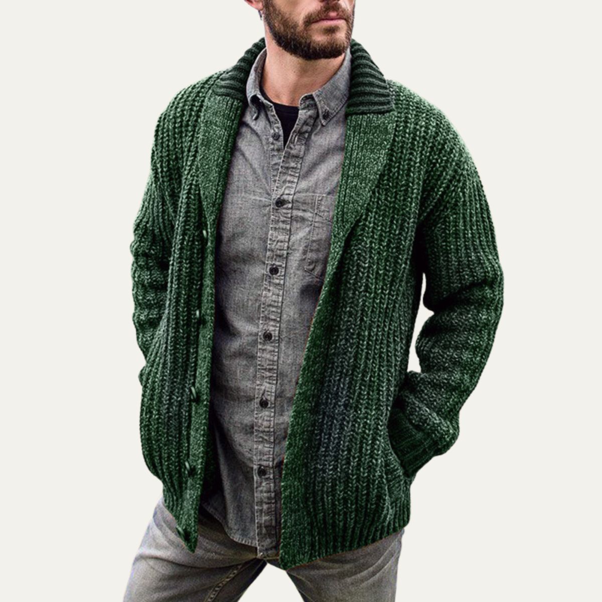 Men's Thick Cable Knit Cardigan with Plaid Collar