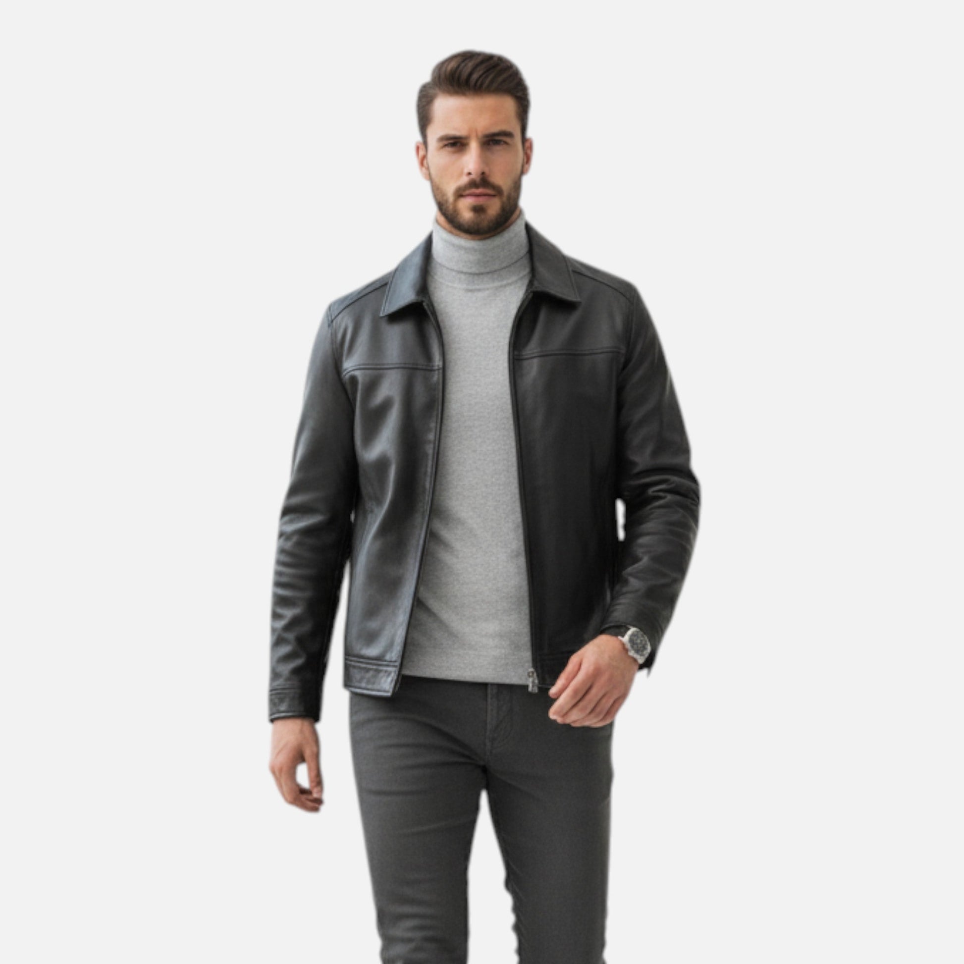 Classic Real Leather Polo Coat - Regular Fit Jacket - OutfitLondon