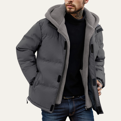 Warm Men's Hooded Puffer Jacket with Fleece - Grey