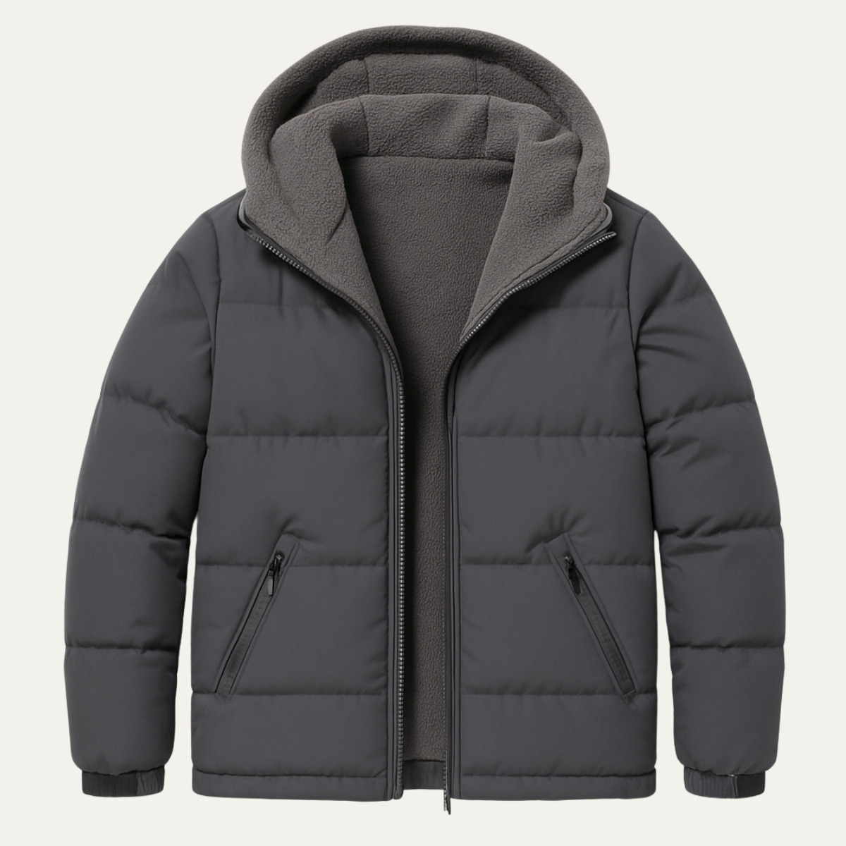 Warm Men's Hooded Puffer Jacket with Fleece - Grey - OutfitLondon