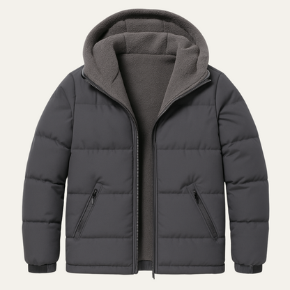 Warm Men's Hooded Puffer Jacket with Fleece - Grey - OutfitLondon