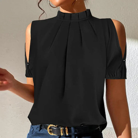 Chic Black Ruffle Top with Open Sleeves - OutfitLondon