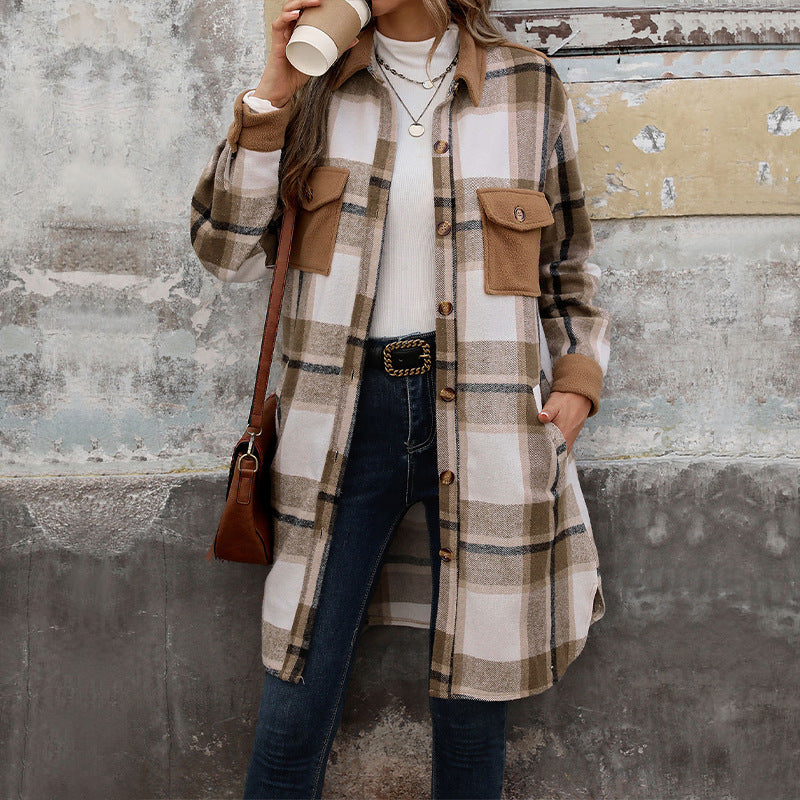 Classic Plaid Womens Long Winter Coat with Lapel Collar - OutfitLondon