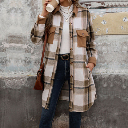 Classic Plaid Womens Long Winter Coat with Lapel Collar - OutfitLondon