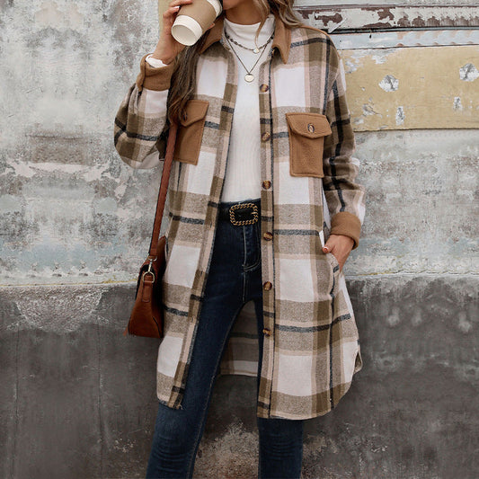 Classic Plaid Womens Long Winter Coat with Lapel Collar - OutfitLondon