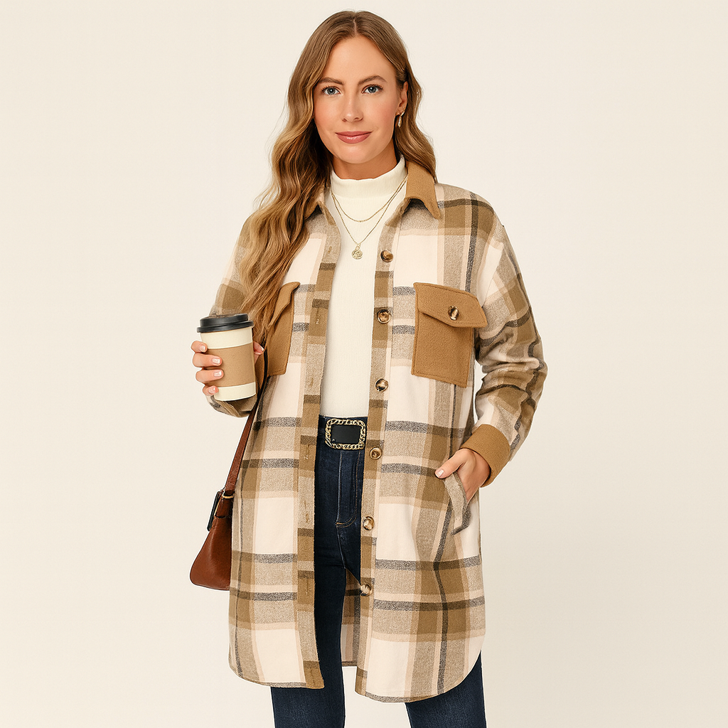 Classic Plaid Womens Long Winter Coat with Lapel Collar